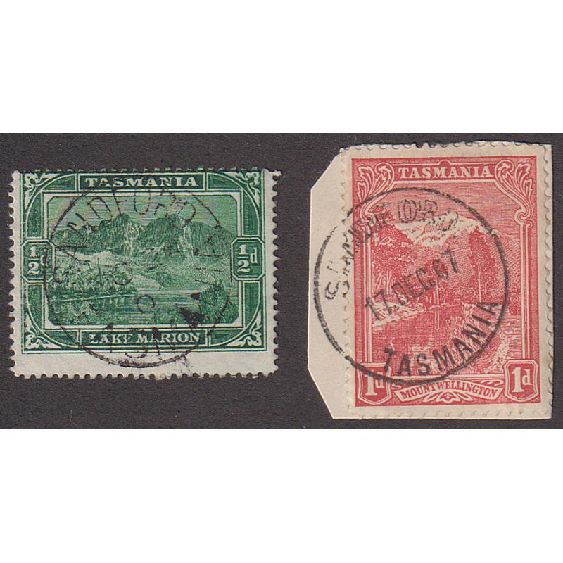 (EE1345) TASMANIA · 1900/07: full strikes of the SANDFORD Types 1 and 2 cds on ½d & 1d Pictorials · both postmarks are rated R-(7)