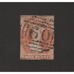 (ST1500) TASMANIA ·  1856: nicely used 1d pale brick red QV Chalon (No Wmk) SG 19 · four close to tight margins · c.v. £650 (2 images)