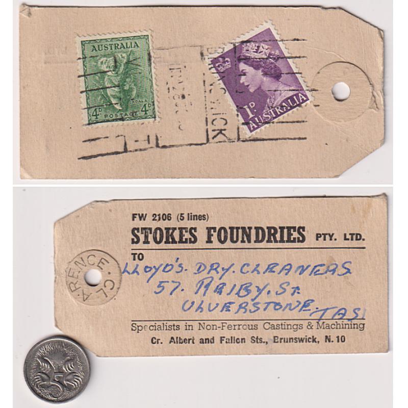 (BB10029) AUSTRALIA · 1950s: very small parcel tag from Stokes Foundries (manufacturers of badges) mailed to TAS with 1d QEII + 4d Koala franking · fine condition