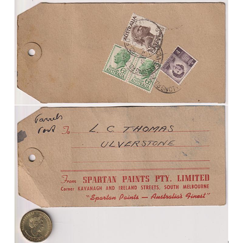 (BB10030) AUSTRALIA · 1953: larger parcel tag to TAS address endorsed "Parcels Post" · 3/8d franking paid Parcel Rate up to 8lb. · excellent condition