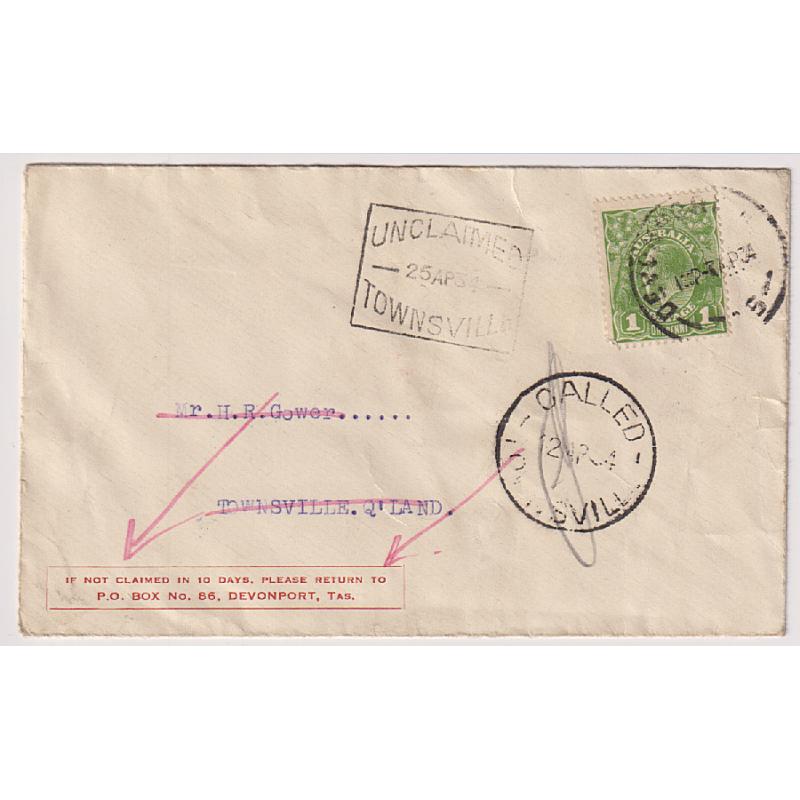 (BB10038) QUEENSLAND · AUSTRALIA · 1934: small commercial cover to Townsville found to be undeliverable and returned to sender in TAS · note UNCLAIMED and CALLED datestamps · VG to excellent condition