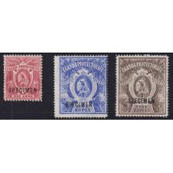 (BB10054) UGANDA PROTECTORATE · 1898: 1a, 1R & 5R QV SG 84s, 90s & 91s all in excellent condition · gum has been mostly removed · c.v. for "normal" £96 · 3 stamps (2 images)