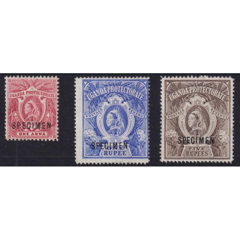 (BB10054) UGANDA PROTECTORATE · 1898: 1a, 1R & 5R QV SG 84s, 90s & 91s all in excellent condition · gum has been mostly removed · c.v. for "normal" £96 · 3 stamps (2 images)