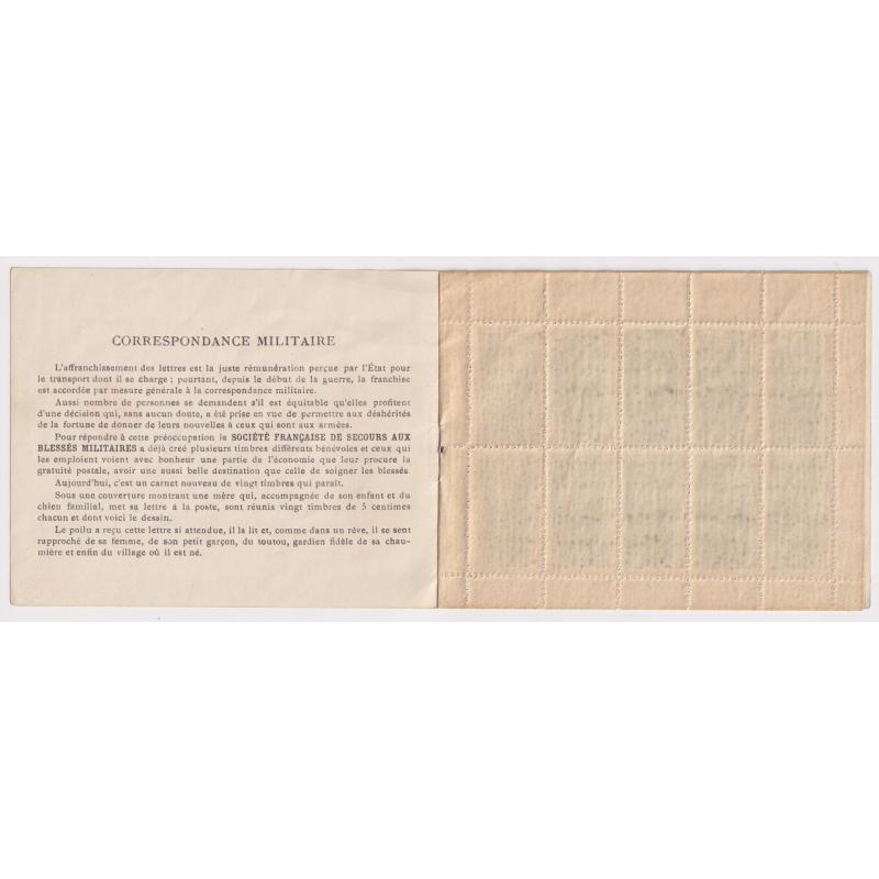 (BB10058) FRANCE · 1916: intact 1Fr Red Cross booklet containing two panes of 10x "Correspondance Militaire" stamps to be placed on mail to servicemen · funds raised went to wounded soldiers · see full description (3 sample images)