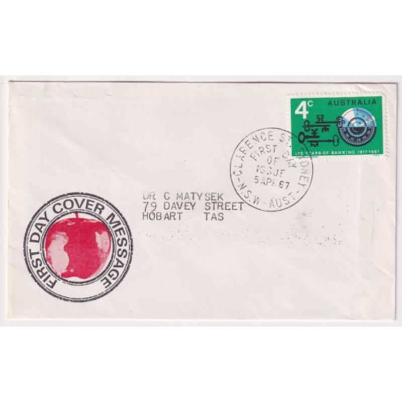 (BB10061) AUSTRALIA · 1967: small FIRST DAY COVER MESSAGE cover from an undisclosed (pharmaceutical) company with a 4c Banking Sesqui commem tied by a f.d.i. cancel · fine condition