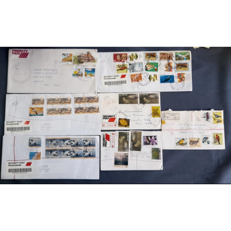 (BB10064L) AUSTRALIA · 1981/94: 6 multifranked covers comprising SECURITY POST (5) and one each of REGISTERED and PRIORITY PAID · condition a little mixed but all are displayable (7)