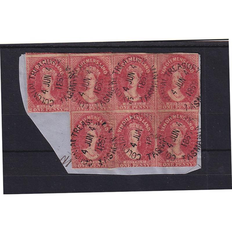 (BB10068) TASMANIA · 1868: block of 7x imperf 1d QV Chalons on a document piece each with a clear impression of the COLONIAL TREASURY fiscal datestamp · condition is excellent