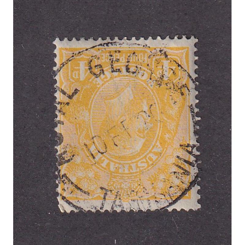 (BB10076) TASMANIA · 1920: a 4d KGV defin socked-on-the-nose by an obvious strike of the ROYAL GEORGE Type 1b cds which is rated 4R