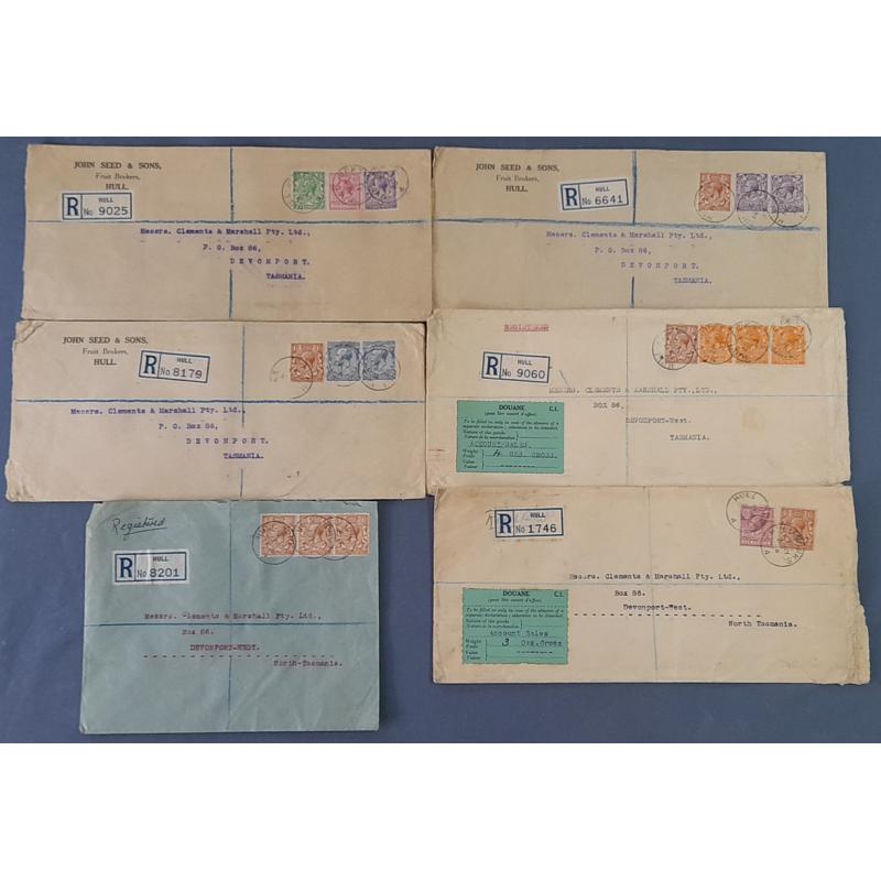 (BB10079L) GREAT BRITAIN · 1933/34: 6 registered commercial covers to the same Tasmanian address · various KGV defins used to make up applicable rates · condition as per largest image (6)