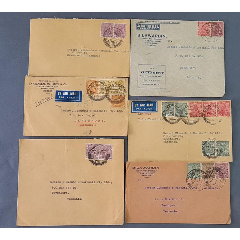 (BB10083) INDIA · 1933/35: seven commercial covers to the same Tasmanian address · includes 3 air mail items · a couple of the covers have been lightly folded o/wise condition is excellent throughout (7)