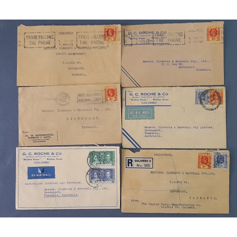 (BB10084) CEYLON · 1933/37: six small commercial covers mailed to the same Tasmanian address · includes registered and two covers carried by ir mail within Australia · excellent condition throughout (6)