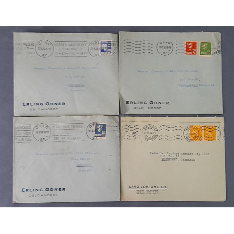 (BB10085) NORWAY · FINLAND  1933/35: four commercial covers to the same Tasmanian address ..... 3 from Norway and 1 from Finland · excellent condition throughout (4)