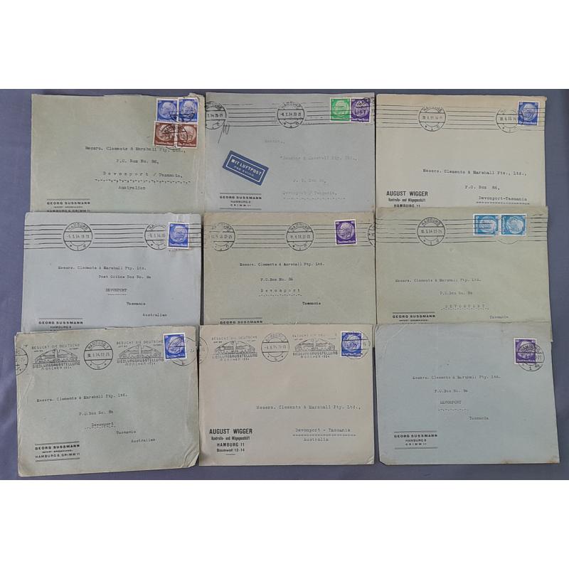 (BB10087L) GERMANY · 1933/34: nine commercial covers to the same Tasmanian address · different rates (including air mail) paid using various Hindenburg defins · some peripheral wear but a clean lot