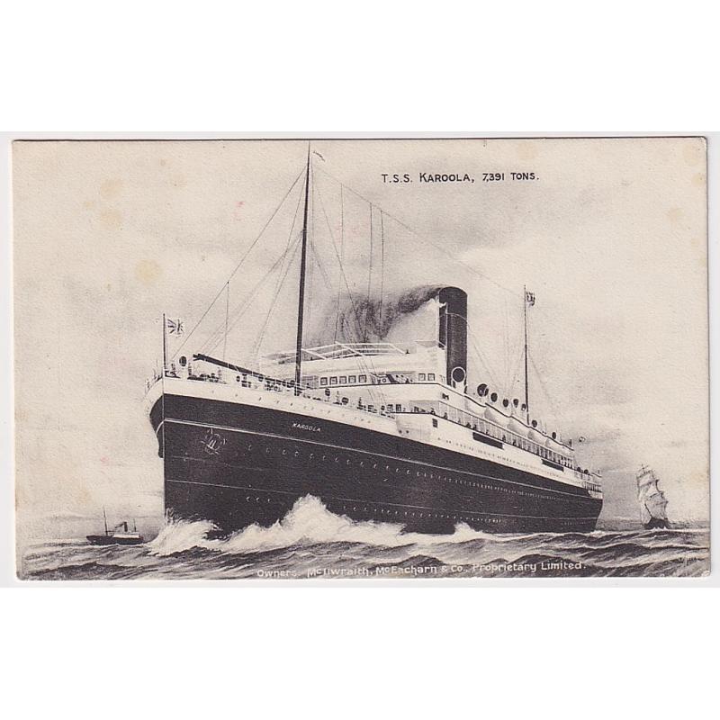 (BB10092) AUSTRALIA · 1910: b&w card of British manufacture with an illustration of the T.S.S. "KAROOLA" · postally used in Tasmania and in excellent condition