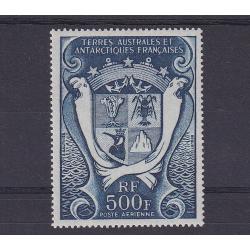 (BB10097) FRANCE · T.A.A.F.  1969: MNH 500Fr peacock blue Arms air mail issue Scott #C23 in VF condition (2 images)