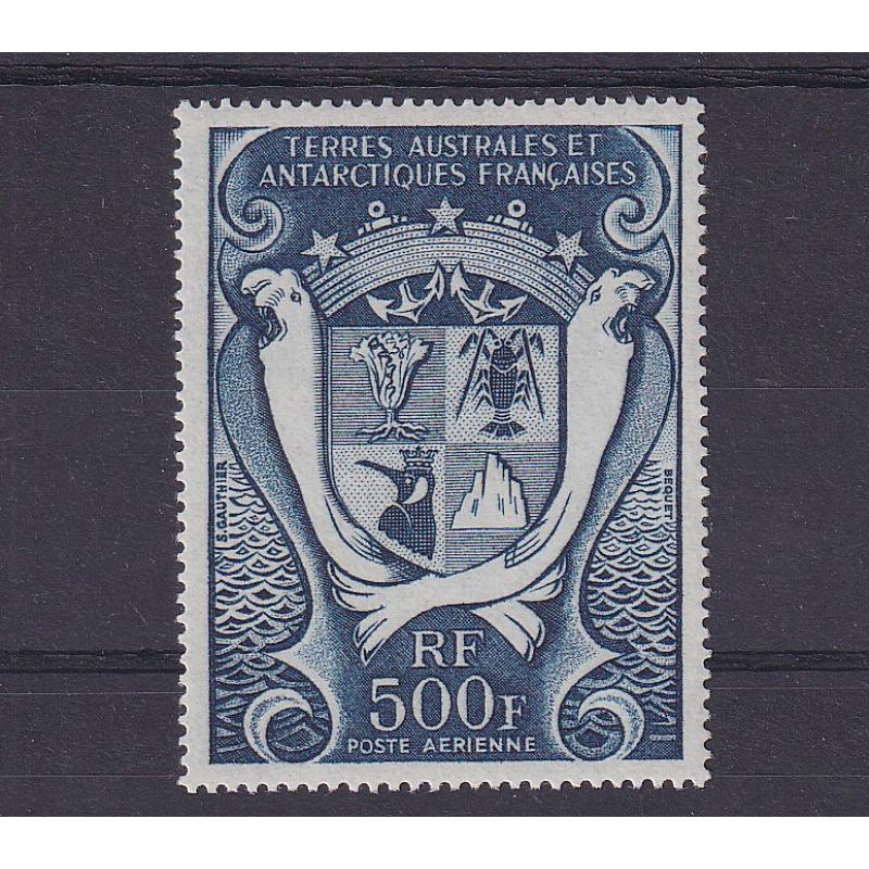 (BB10097) FRANCE · T.A.A.F.  1969: MNH 500Fr peacock blue Arms air mail issue Scott #C23 in VF condition (2 images)