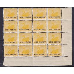 (BB10102) WESTERN AUSTRALIA · 1912: MNH block of 16x 2d yellow Swan surcharged ONE PENNY SG 172 · vertical fold through central perfs · fien condition front and verso · total c.v. £64 (2 images)