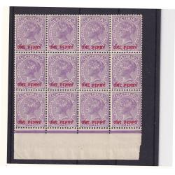 (BB10103) VICTORIA · 1912: MNH block of 12x 2d lilac QV S/face surcharged ONE PENNY SG 456 · very fresh for 112 years in a shoebox · total c.v. £24 (2 images)