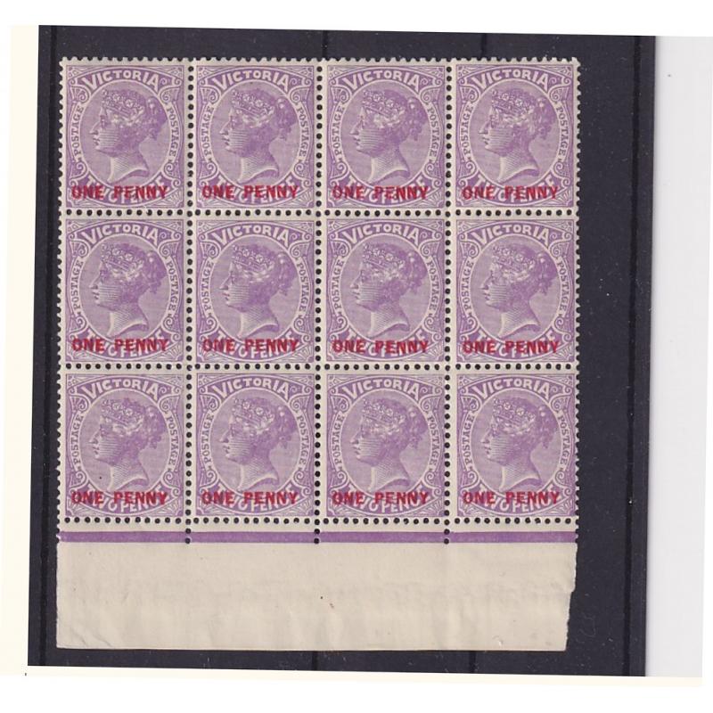 (BB10103) VICTORIA · 1912: MNH block of 12x 2d lilac QV S/face surcharged ONE PENNY SG 456 · very fresh for 112 years in a shoebox · total c.v. £24 (2 images)