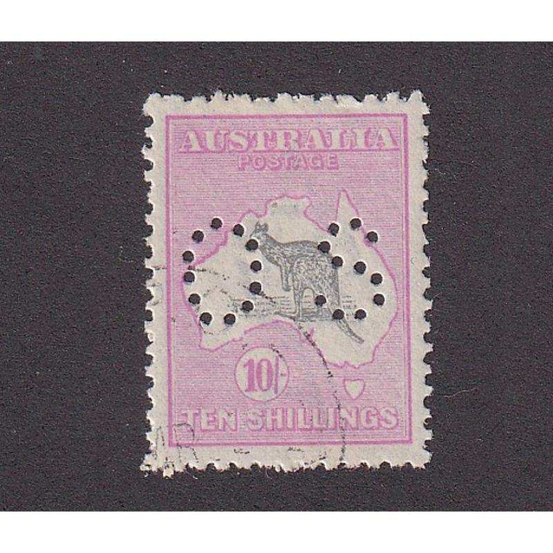 (BB10105) AUSTRALIA · 1917: c.t.o. 10/- grey & pale aniline pink Roo (3rd wmk) perf OS BW 48Ewa · tiny clean hinge remnant · v.nice condition · c.v. AU$200 (2 images)