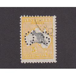 (BB10108) AUSTRALIA · 1929: c.t.o. 5/- grey & yellow-orange Roo (SM wmk) perf 'OS' BW 45Awb · small clean hinge remnant · v.fresh condition front/reverse · c.v. AU$250 (2 images)