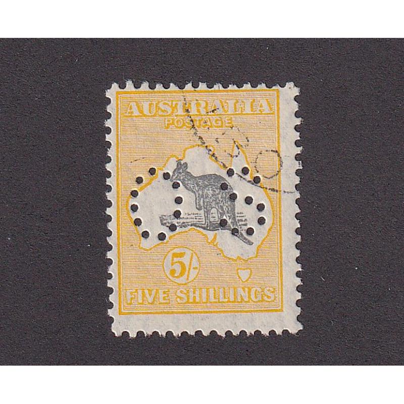 (BB10108) AUSTRALIA · 1929: c.t.o. 5/- grey & yellow-orange Roo (SM wmk) perf 'OS' BW 45Awb · small clean hinge remnant · v.fresh condition front/reverse · c.v. AU$250 (2 images)