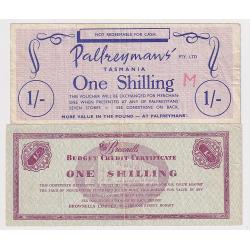 (BB10115) TASMANIA · 1950s: Buying Vouchers for 1/- issued by Palfreyman's and Brownell Limited, Hobart · some obvious wear and both items have been creased however both items are in an acceptable condition for display (2 images)