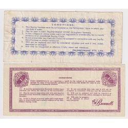 (BB10115) TASMANIA · 1950s: Buying Vouchers for 1/- issued by Palfreyman's and Brownell Limited, Hobart · some obvious wear and both items have been creased however both items are in an acceptable condition for display (2 images)