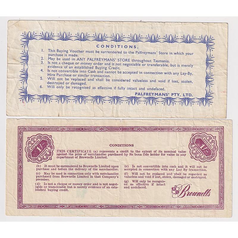 (BB10115) TASMANIA · 1950s: Buying Vouchers for 1/- issued by Palfreyman's and Brownell Limited, Hobart · some obvious wear and both items have been creased however both items are in an acceptable condition for display (2 images)