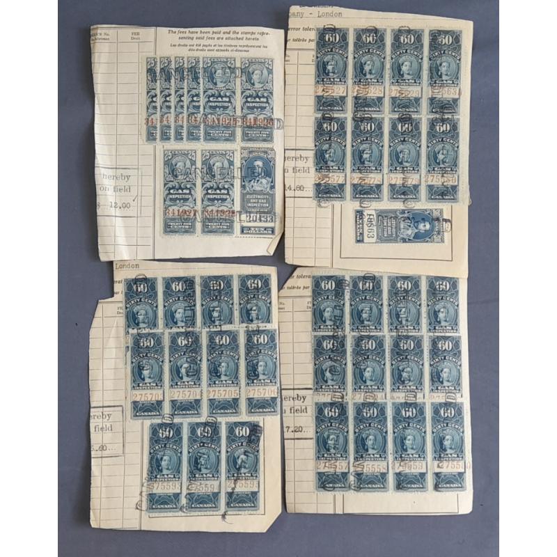 (BB10116) CANADA · 4 small pages with cancelled GAS INSPECTION revenues comprising 25c QV (8) and 60c QV (31) both from Series 1897 and $10 KGV (2) from Series 1930 · clean lot (41)