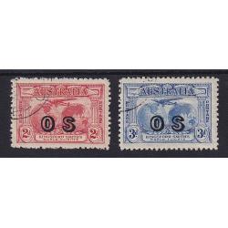 (BB10121) AUSTRALIA · 1931: c.t.o. Kingsford Smith 'OS' duo SG O123/124 · 2d has some roughly cut perfs and the 3d some very minor gum shrinkage but the overall condition is fine · c.v. is £130 for FU (2 images)