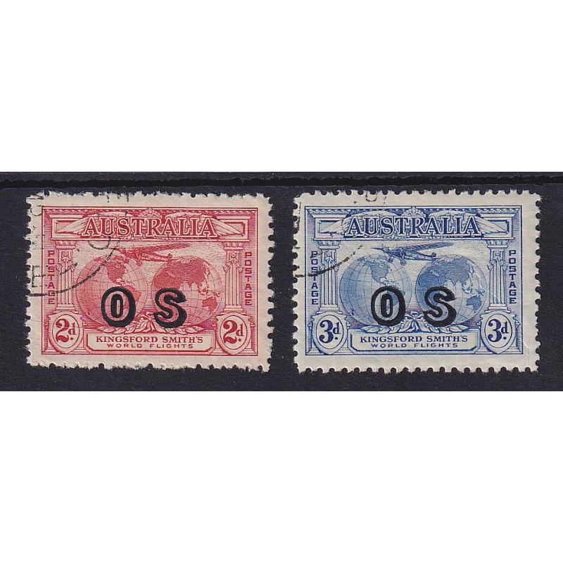 (BB10121) AUSTRALIA · 1931: c.t.o. Kingsford Smith 'OS' duo SG O123/124 · 2d has some roughly cut perfs and the 3d some very minor gum shrinkage but the overall condition is fine · c.v. is £130 for FU (2 images)