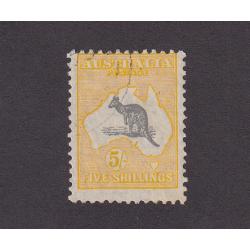 (BB10124) AUSTRALIA · 1929: c.t.o. 5/- grey & yellow-orange Roo (SM Wmk) BW 45Aw · gum has been removed and the stamp is o/c to top but still very collectable with a c.v. of AU$250 (2 images)