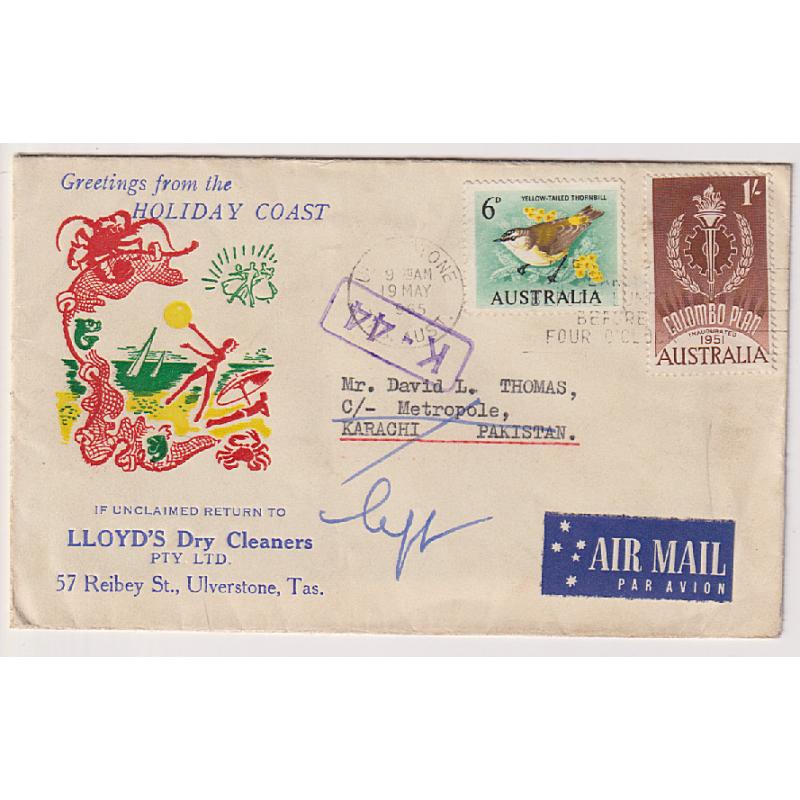 (BB1146) AUSTRALIA · 1965: advertising air mail cover to Pakistan · undeliverable and returned to Tasmania · 6d Bird + 1/- Colombo Plan franking make up the correct rate for up to ½oz. · excellent condition