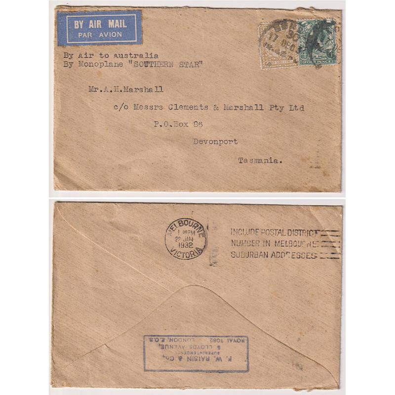 (BB1147) GREAT BRITAIN · 1931/32: small cover carried to Melbourne on the delayed air mail flight by C. Kingsford Smith et al on the "Southern Star" arriving on Jan 22 1932 AAMC #245 · excellent condition · c.v. AU$125