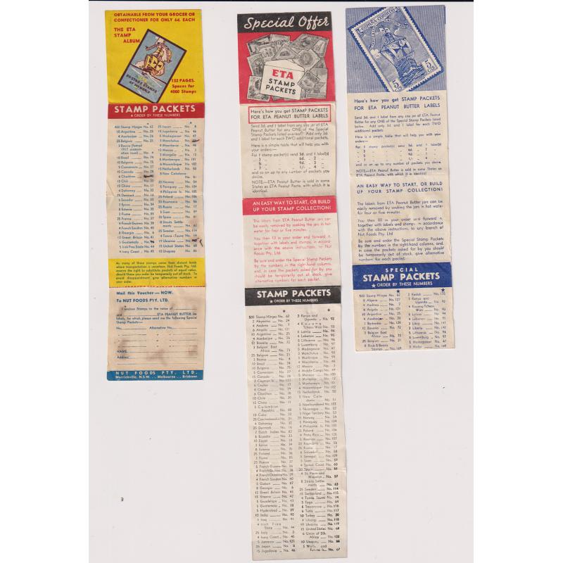 (BB1453) AUSTRALIA · 1950s(?): 3 different "Stamp Packets for ETA Peanut Butter Labels" price-lists · condition little mixed but all are quite presentable as stamp collecting related ephemera (3)