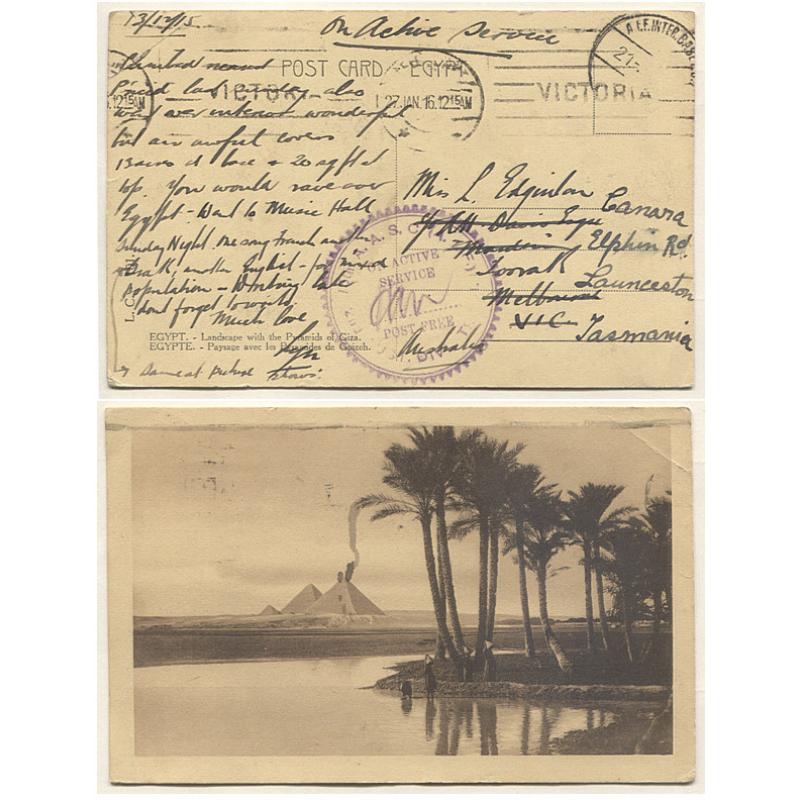 (BB15025) AUSTRALIA · 1915: Egyptian postcard endorsed "On Active Service" with censored / post free h/stamp · addressed to Melbourne but re-directed to Launceston · excellent condition