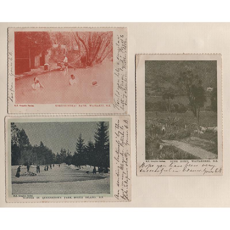 (BB15275) NEW ZEALAND · 1906: three postcards from different printings of N.Z. Graphic Series all postally used to Merrylands (NSW) · WINTER IN QUEENSTOWN PARK, KIREOHINEKAI BATH, etc. · excellent condition (3)