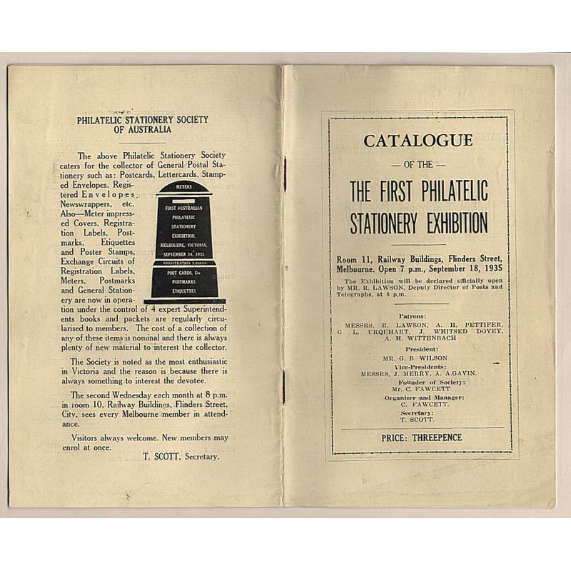 (BB15294) AUSTRALIA · 1935: CATALOGUE of THE FIRST PHILATELIC STATIONERY EXHIBITION held at Melbourne · excellent cleanh condition · advert for the organisers, thr  Philatelic Stationery Society of Australia, on back (2 images)