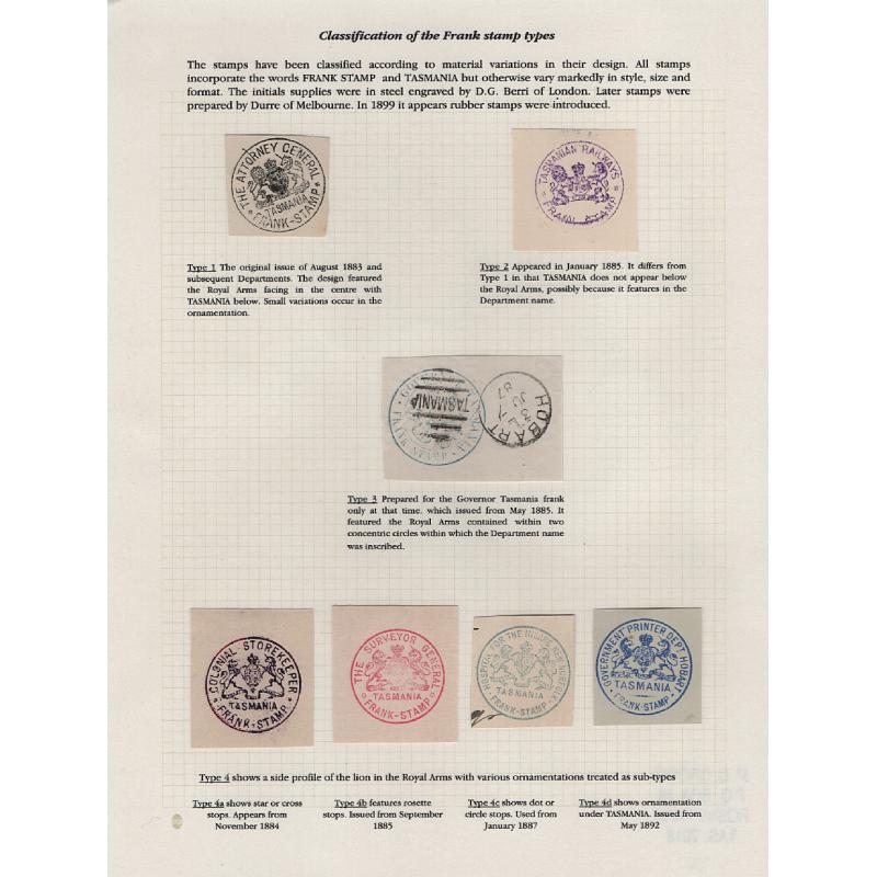 (BB15302L) TASMANIA · 3 exhibit pages ex Malcolm Groom housing a selection of 16 FRANK STAMP impressions on piece · includes scarcer and rare items e.g. Deputy Surveyor General · also a wealth of information (3 images)