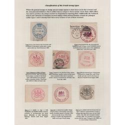 (BB15302L) TASMANIA · 3 exhibit pages ex Malcolm Groom housing a selection of 16 FRANK STAMP impressions on piece · includes scarcer and rare items e.g. Deputy Surveyor General · also a wealth of information (3 images)