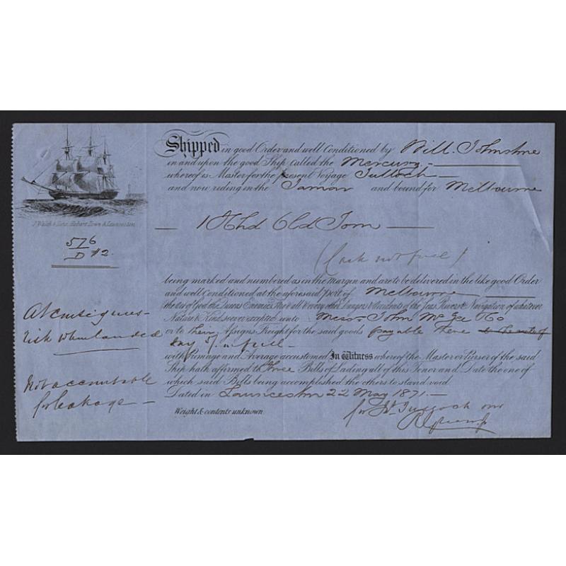 (BB15303L) TASMANIA · 1871: illustrated Bill of Lading printed by J. Walch & Son, Hobart used for goods forwarded by sea from Launceston to Melbourne on the Good Ship 'Mercury' · excellent clean  condition