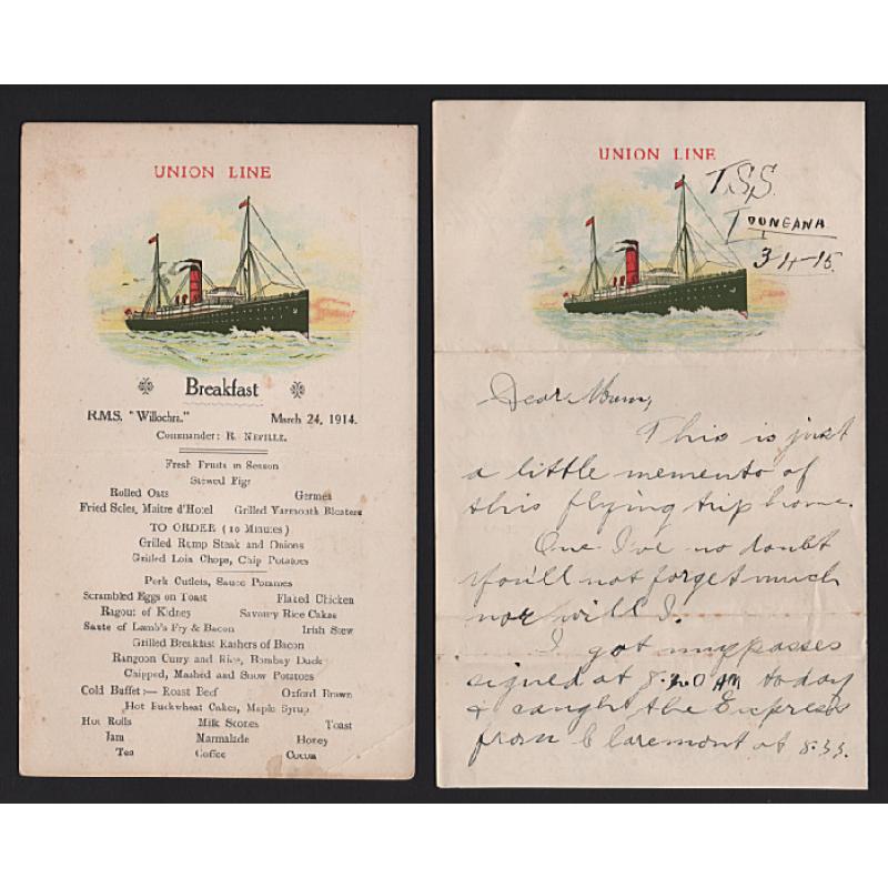 (BB15304L) AUSTRALIA · 1914: two items of UNION LINE ephemera - a Breakfast menu from the R.M.S. "Willochra" (light crease) and notepaper used onboard the T.S.S. "Loongana" (folded for the mail) · interesting items (2)