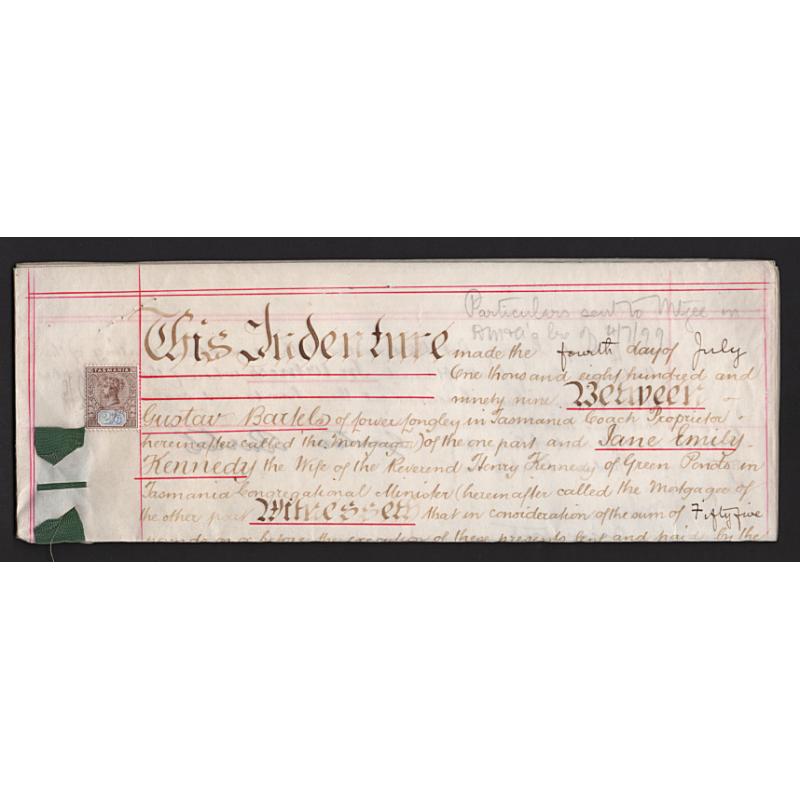 (BB15311L) TASMANIA · 1899: folded velum indenture with 2/6d QV Key Plate affixed to pay the applicable stamp duty · fine condition