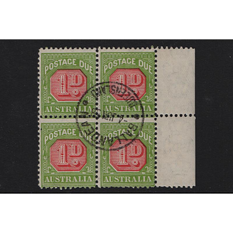 (BB15313) QUEENSLAND · a full clear strike of the first BALLADEAN cds on a block of 4x 1d carmine & yellow-green P/Due (CofA wmk · perf.11) SG D106 · some perf separation · $5 STARTER!! (2 images)