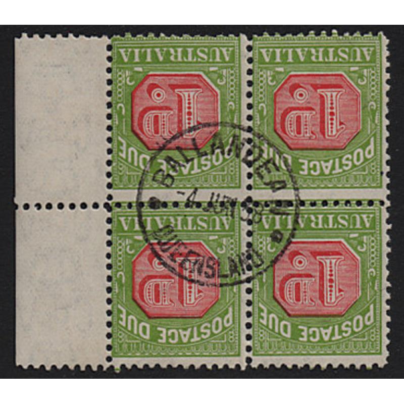 (BB15313) QUEENSLAND · a full clear strike of the first BALLANDEAN cds on a block of 4x 1d carmine & yellow-green P/Due (CofA wmk · perf.11) SG D106 · some perf separation · $5 STARTER!! (2 images)