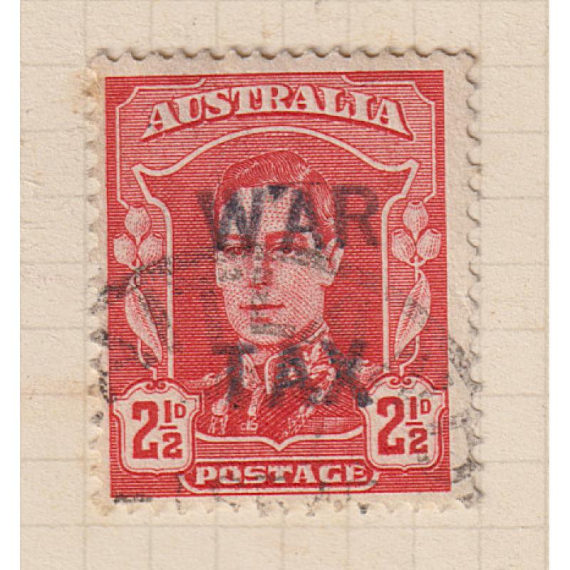 (BB1969) AUSTRALIA · 1940s: used 2½d scarlet KGVI defin with forged WAR TAX overprint on an album page clipping .... please view largest images