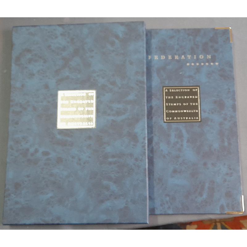 (BB15271A) AUSTRALIA · 2001: "A Selection of the Engraved Stamps of the Commonwealth of Australia - Federation" with 28 posthumous die proofs in pale blue on light card in original album with slipcase ·  "as new" condition