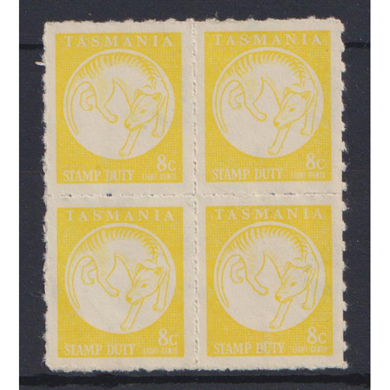 (BB1989) TASMANIA · 1966: RECENT DISCOVERY!! · a very fresh MNH block of 4x 8c lemon Tas Tiger s/duty Craig 7.217 · from a colour trial sheet issued to the Public Trust Office in error · Elsmore c.v. AU$2000 (2 images)