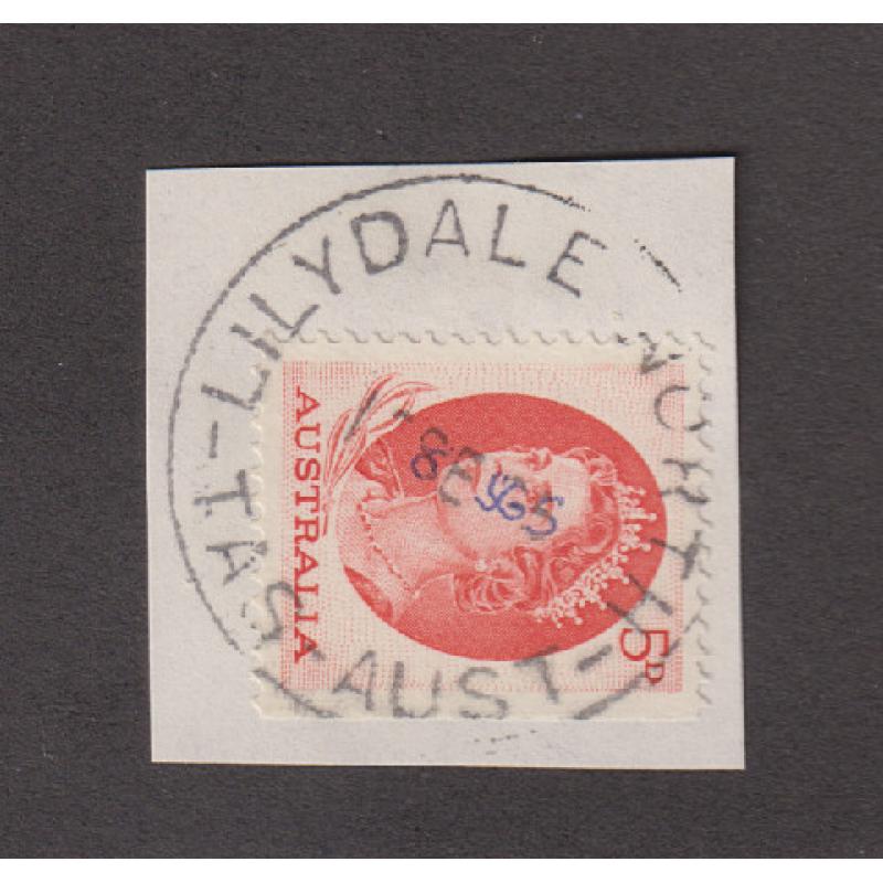 (BL1236) TASMANIA · 1965: a nearly complete strike of the LILYDALE NORTH Type 5(ii) cds on an envelope clipping ·  note mss alteration to dateline postmark is rated 2R